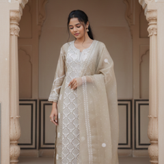 Blue and Bronze Organza Semistitched Chikankari Kurta Dupatta Set