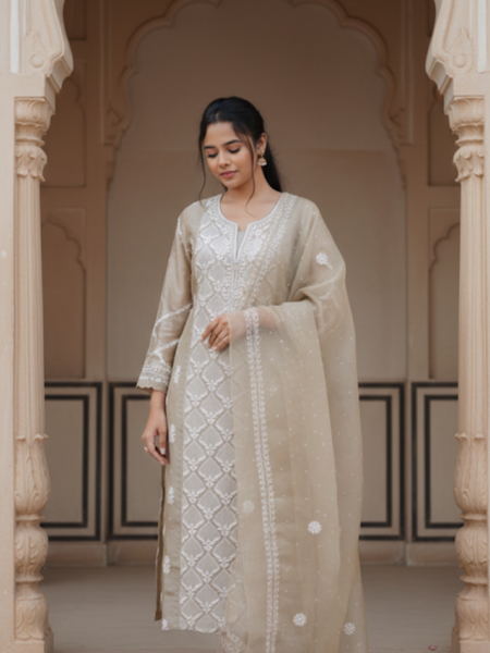 Blue and Bronze Organza Semistitched Chikankari Kurta Dupatta Set