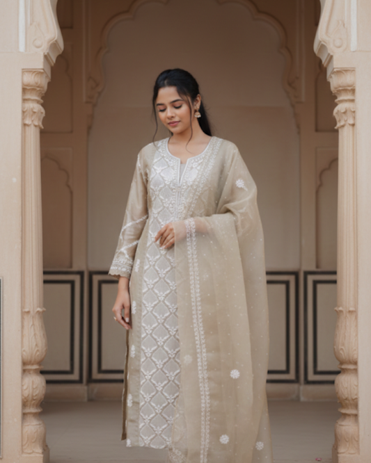 Blue and Bronze Organza Semistitched Chikankari Kurta Dupatta Set