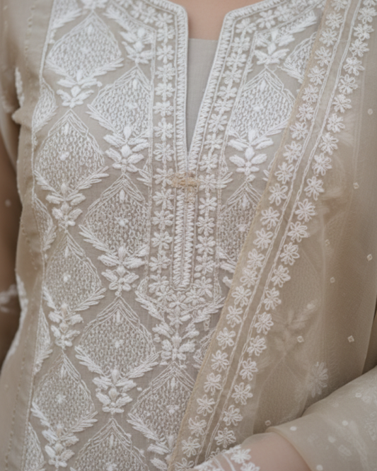 Blue and Bronze Organza Semistitched Chikankari Kurta Dupatta Set