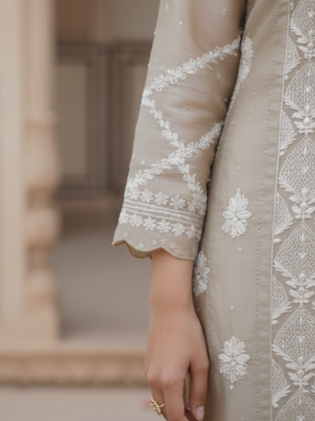 Blue and Bronze Organza Semistitched Chikankari Kurta Dupatta Set
