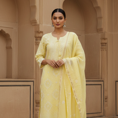 Semistitched Chikankari Mulchanderi With Mukaish Work Suit Set