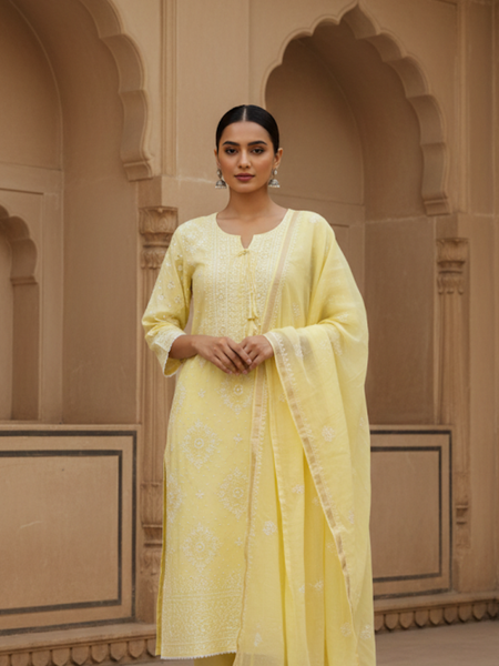 Semistitched Chikankari Mulchanderi With Mukaish Work Suit Set