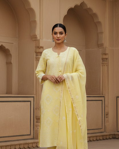 Semistitched Chikankari Mulchanderi With Mukaish Work Suit Set