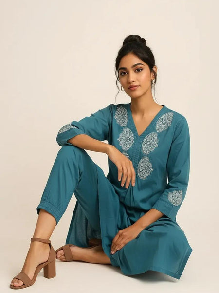 Dark Blue Readymade Cotton Co-ord Set - Design2