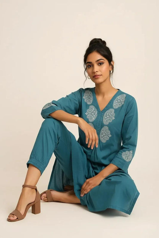 Dark Blue Readymade Cotton Co-ord Set - Design2