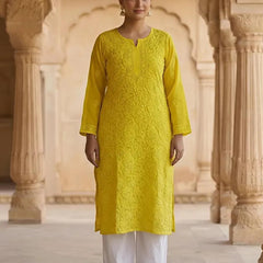 Resham Chikan Readymade Viscose Georgette Kurta Yellow