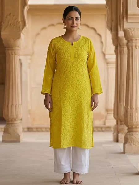 Resham Chikan Readymade Viscose Georgette Kurta Yellow