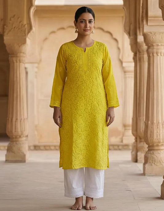 Resham Chikan Readymade Viscose Georgette Kurta Yellow