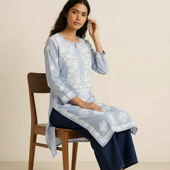 Blue Readymade Mulcotton Chikankari Kurta