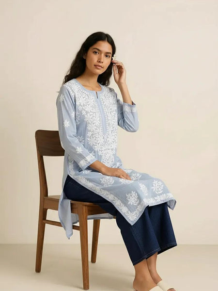 Blue Readymade Mulcotton Chikankari Kurta