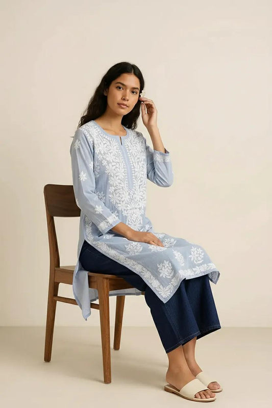 Blue Readymade Mulcotton Chikankari Kurta