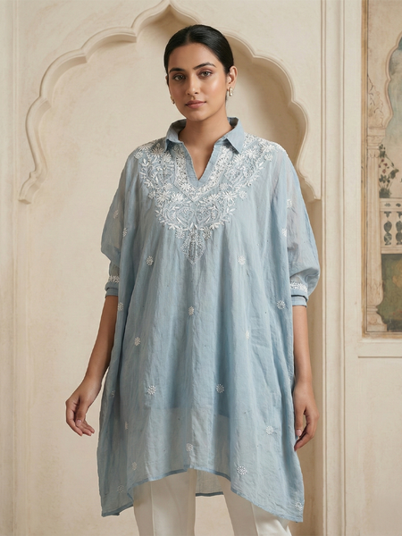 Light Blue Mulchanderi Kaftan