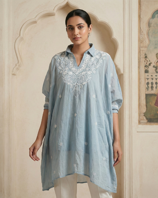 Light Blue Mulchanderi Kaftan