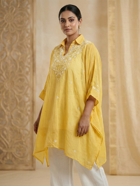 Yellow Mulchanderi Kaftan