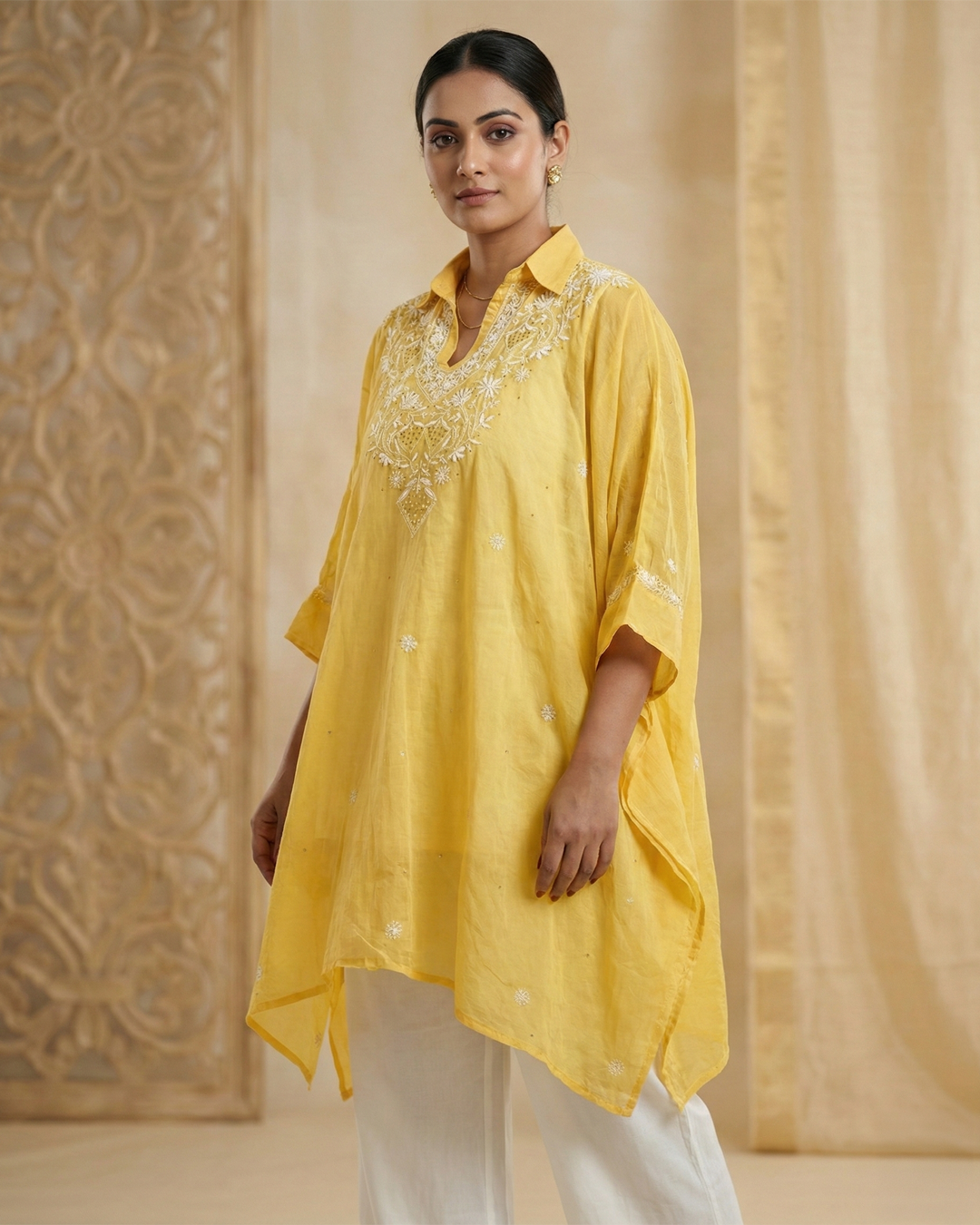 Yellow Mulchanderi Kaftan