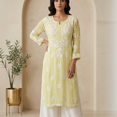 Yellow Readymade Viscose Georgette Chikankari Readymade Kurta