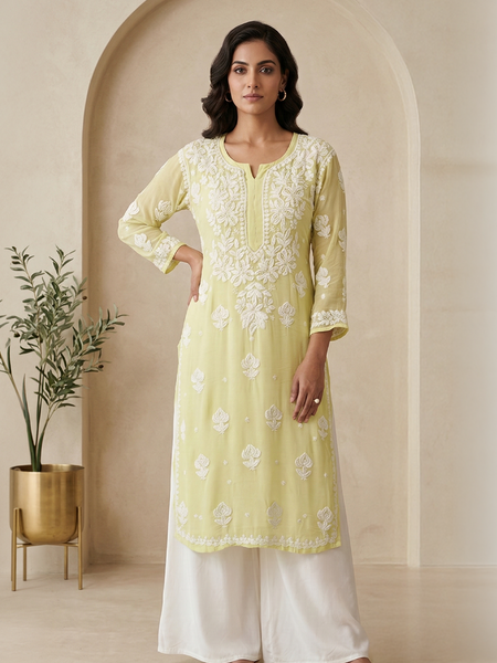 Yellow Readymade Viscose Georgette Chikankari Readymade Kurta