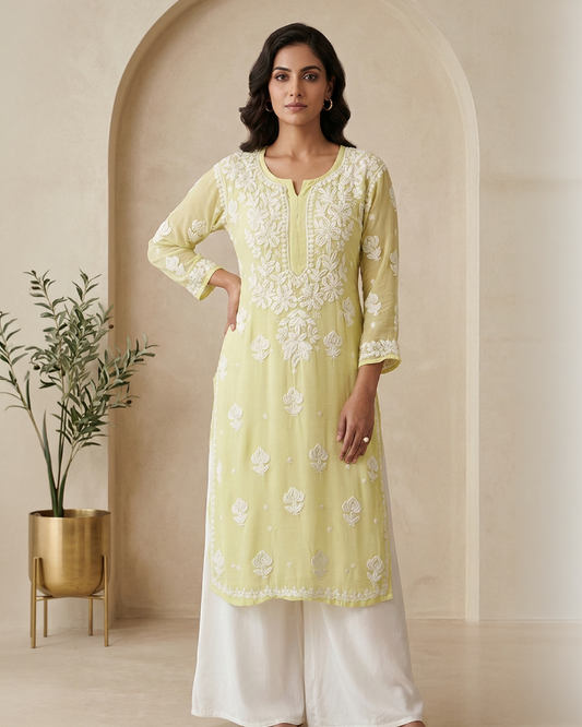 Yellow Readymade Viscose Georgette Chikankari Readymade Kurta