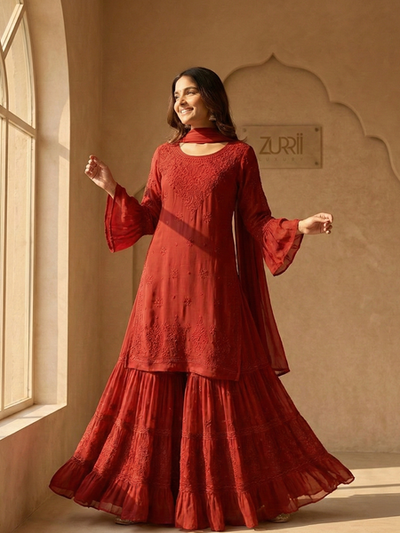 Readymade Viscose Georgette Red Garara Set