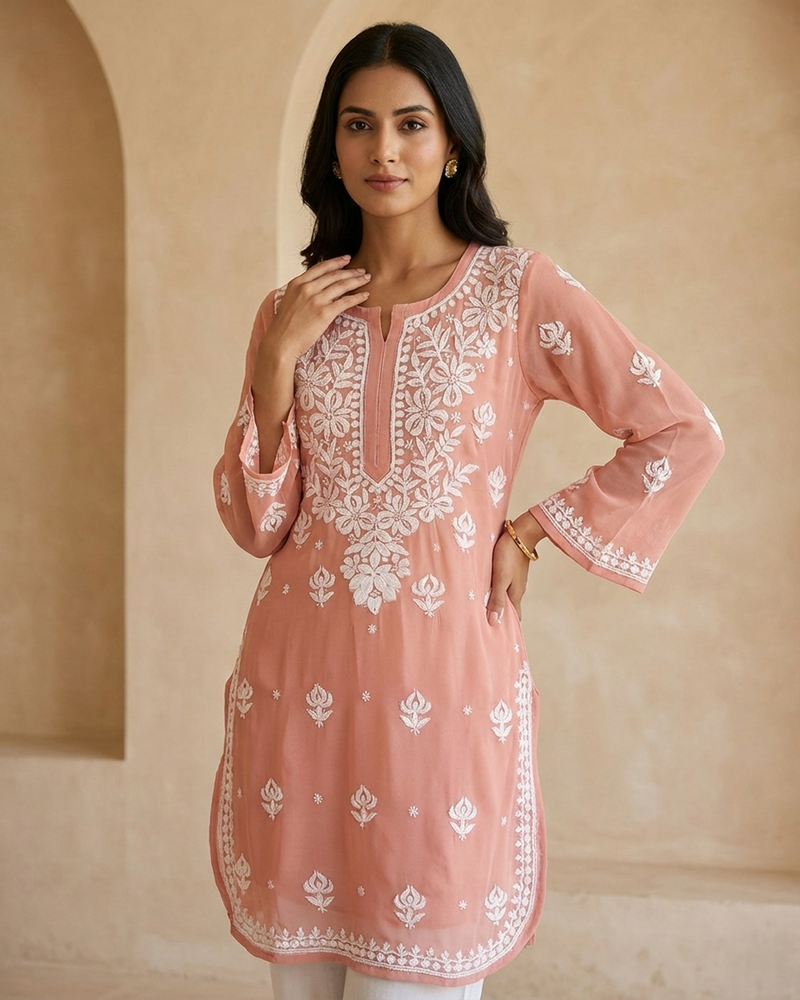 Peach Viscose Georgette Chikankari Readymade Kurta