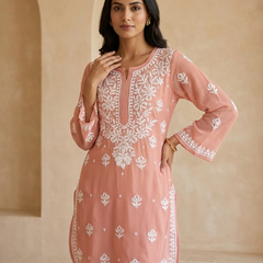 Peach Viscose Georgette Chikankari Readymade Kurta