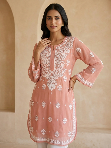 Peach Viscose Georgette Chikankari Readymade Kurta