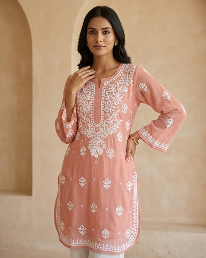 Peach Viscose Georgette Chikankari Readymade Kurta