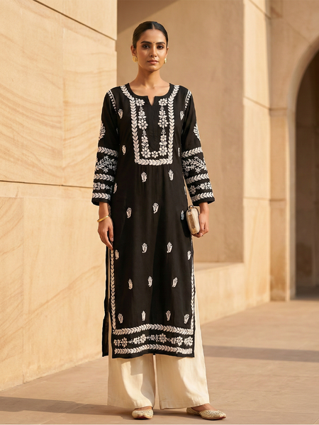 Black Chikankari Modal Long Kurti