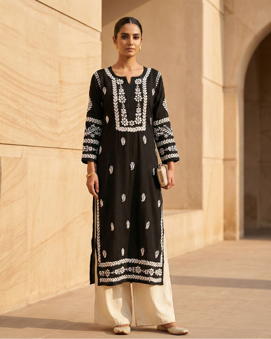 Black Chikankari Modal Long Kurti
