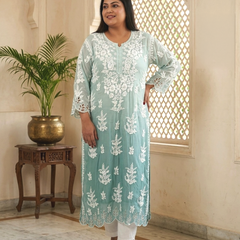 Sea Green Muslin Cutwork Kurta