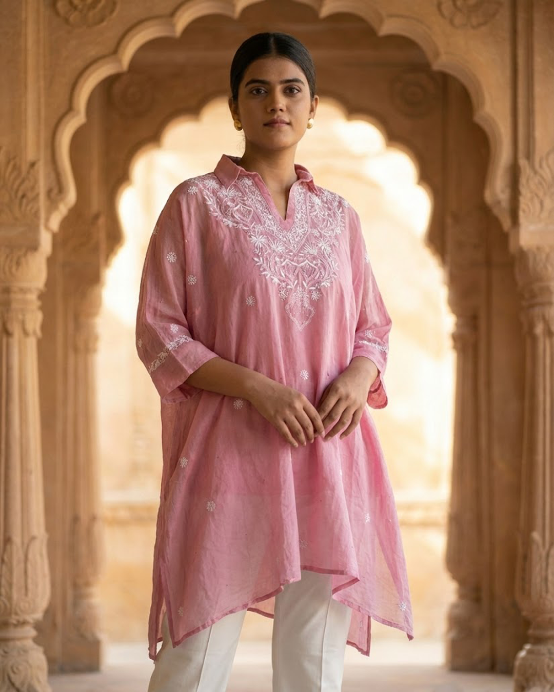 Light Pink Mulchanderi Kaftan