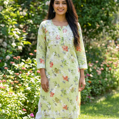 Green Chikankari Mulmul Pocket Kurti