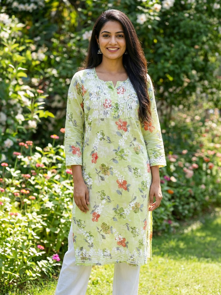 Green Chikankari Mulmul Pocket Kurti