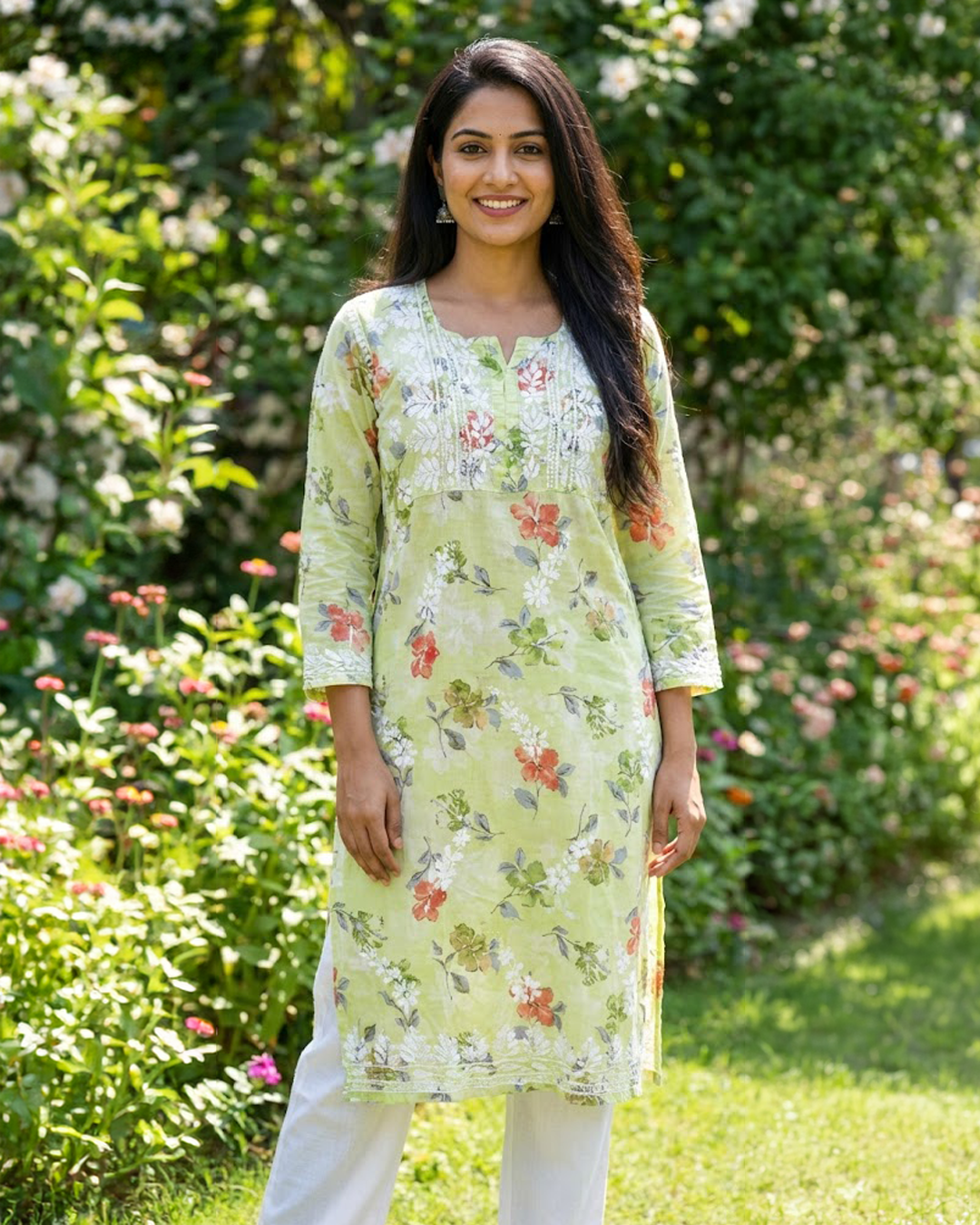 Green Chikankari Mulmul Pocket Kurti