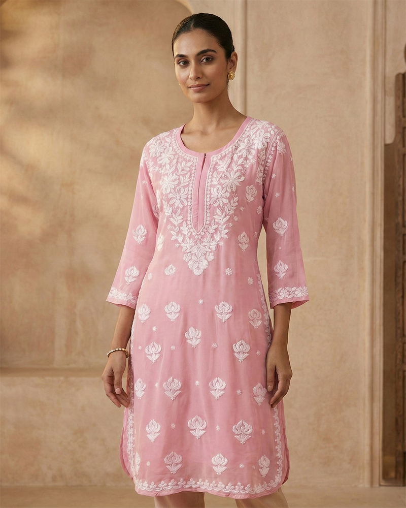 Pink Viscose Georgette Chikankari Readymade Kurta