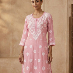 Pink Viscose Georgette Chikankari Readymade Kurta
