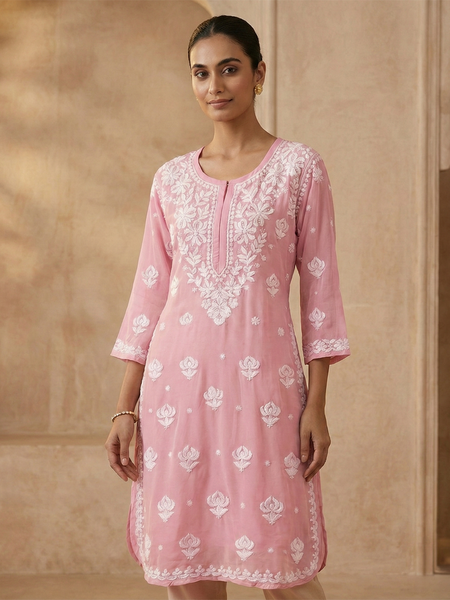 Pink Viscose Georgette Chikankari Readymade Kurta