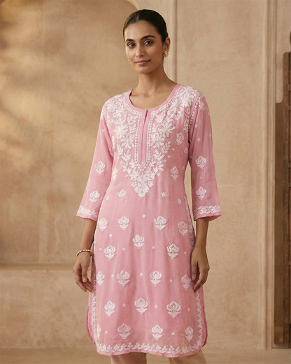 Pink Viscose Georgette Chikankari Readymade Kurta