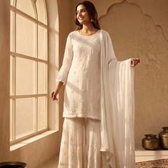 Readymade Viscose Georgette White Garara Set