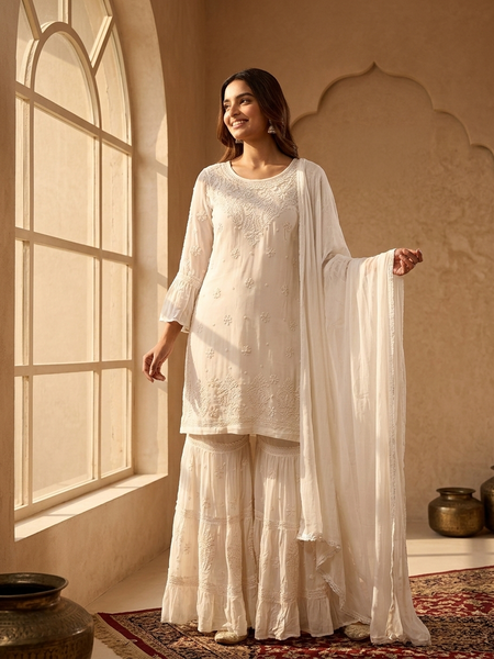 Readymade Viscose Georgette White Garara Set