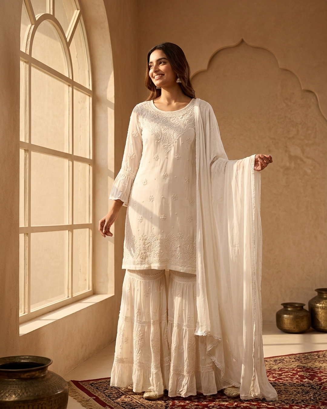 Readymade Viscose Georgette White Garara Set