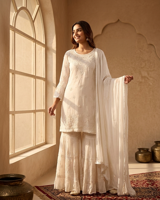 Readymade Viscose Georgette White Garara Set