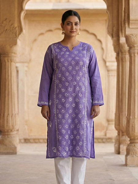Purple Readymade Cotton Kurta With Jaal