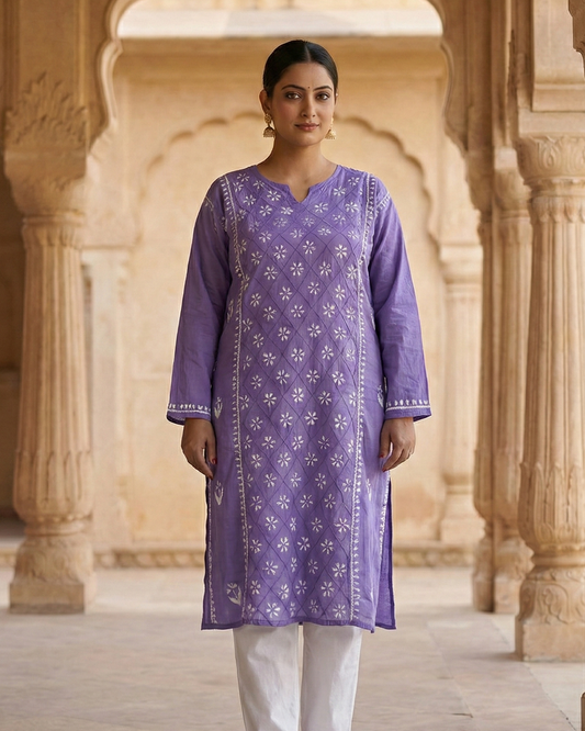 Purple Readymade Cotton Kurta With Jaal