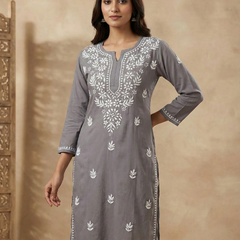 Grey Embroidery Chikanakri Rayon Long Kurti