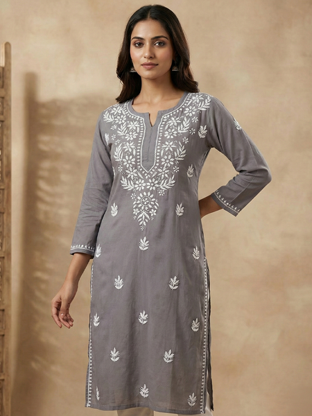 Grey Embroidery Chikanakri Rayon Long Kurti