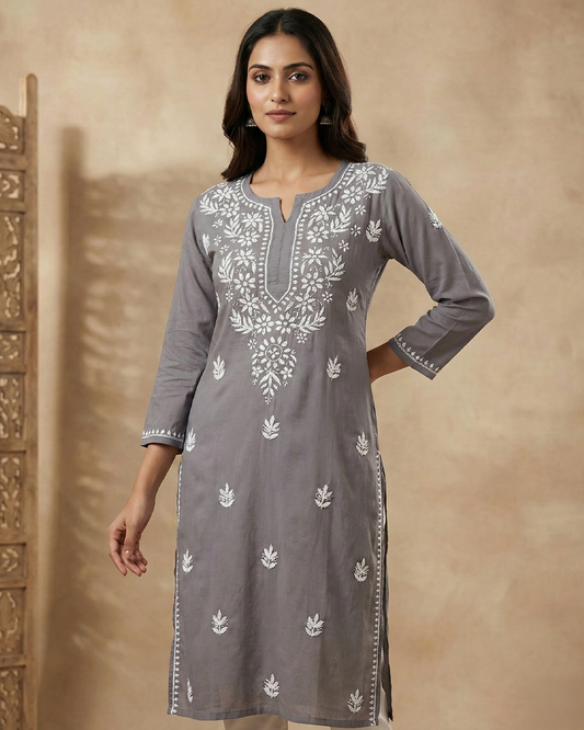 Grey Embroidery Chikanakri Rayon Long Kurti