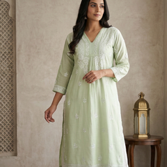 Pista Chanderi Chikankari Aline Kurta