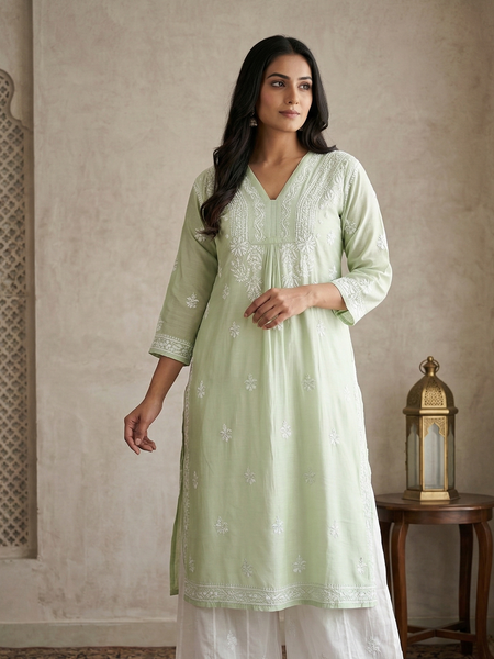 Pista Chanderi Chikankari Aline Kurta